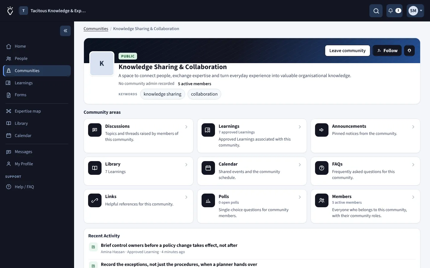 A community home page with discussions, Learnings, announcements, library, calendar, FAQs and polls