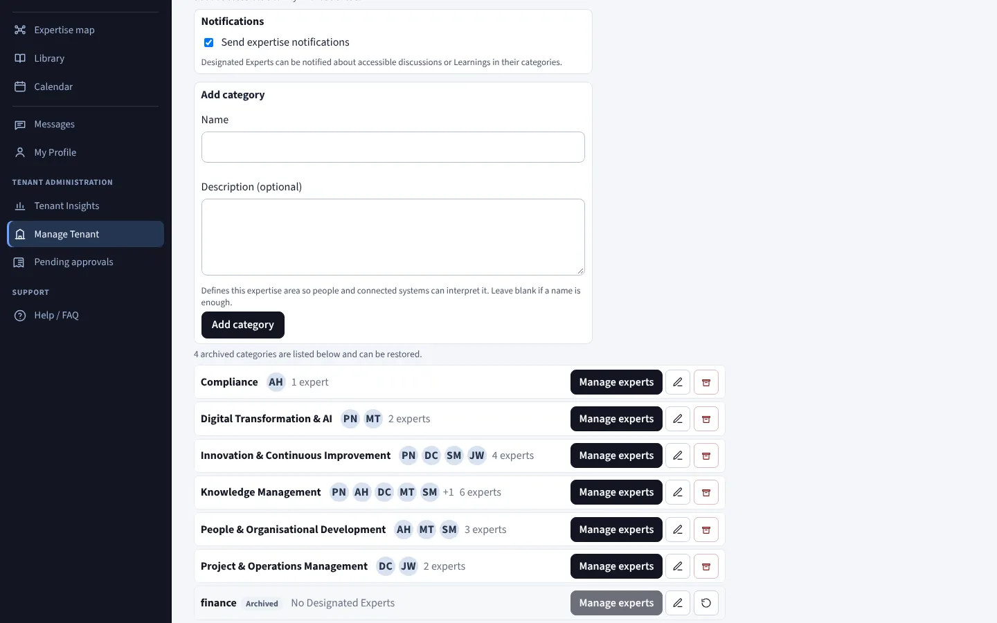 Expertise categories administration with Send expertise notifications switched on and Designated Experts assigned to each category