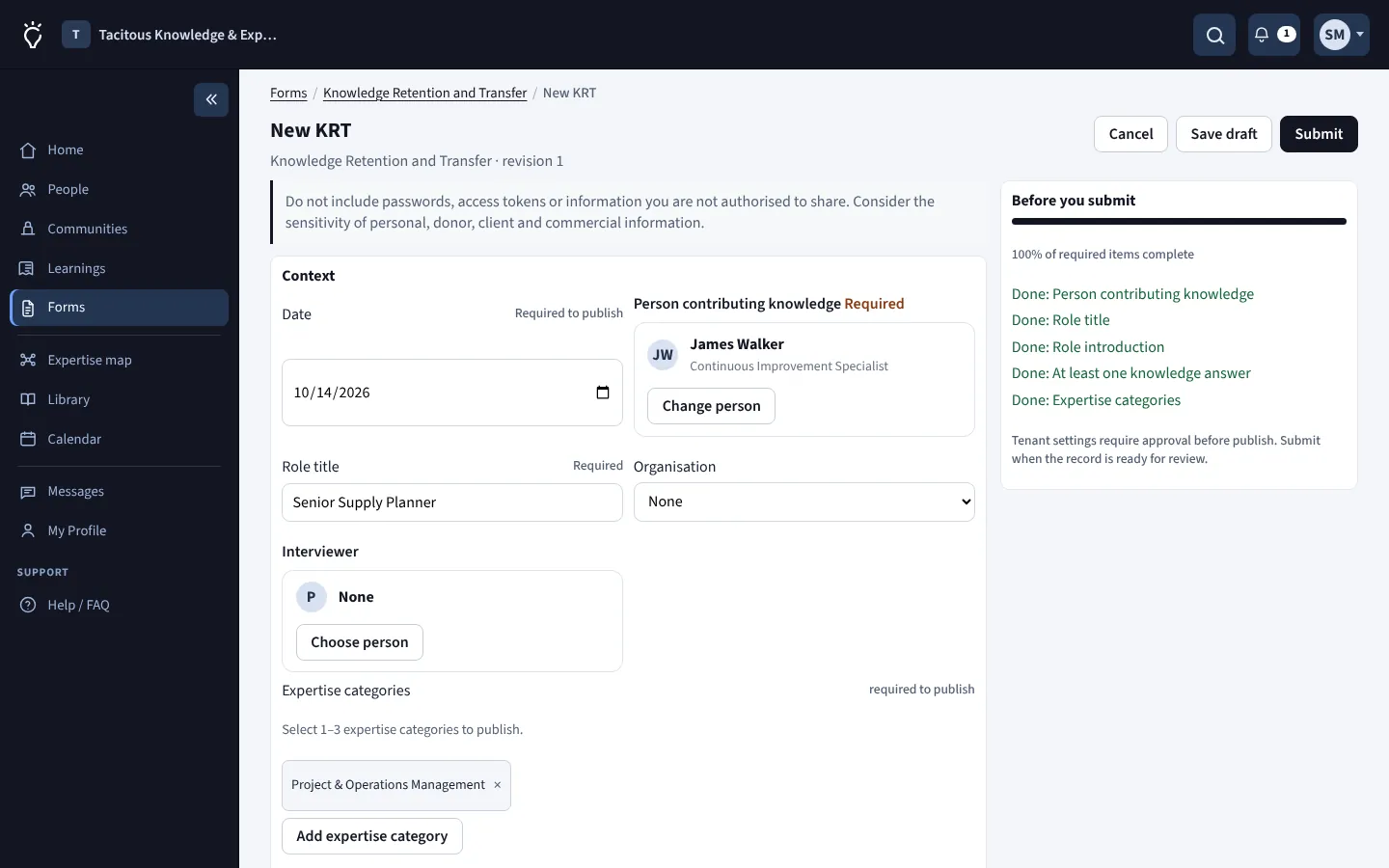 New Knowledge Retention and Transfer record with contributor, role title, expertise categories and audience