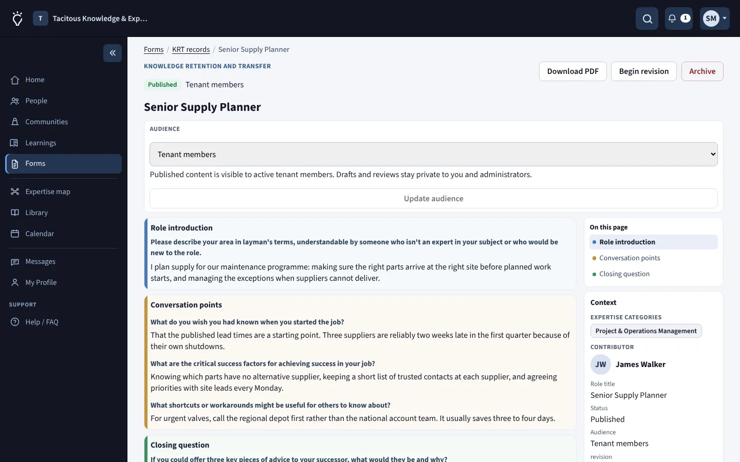A Knowledge Retention and Transfer record with role introduction, conversation points and closing advice