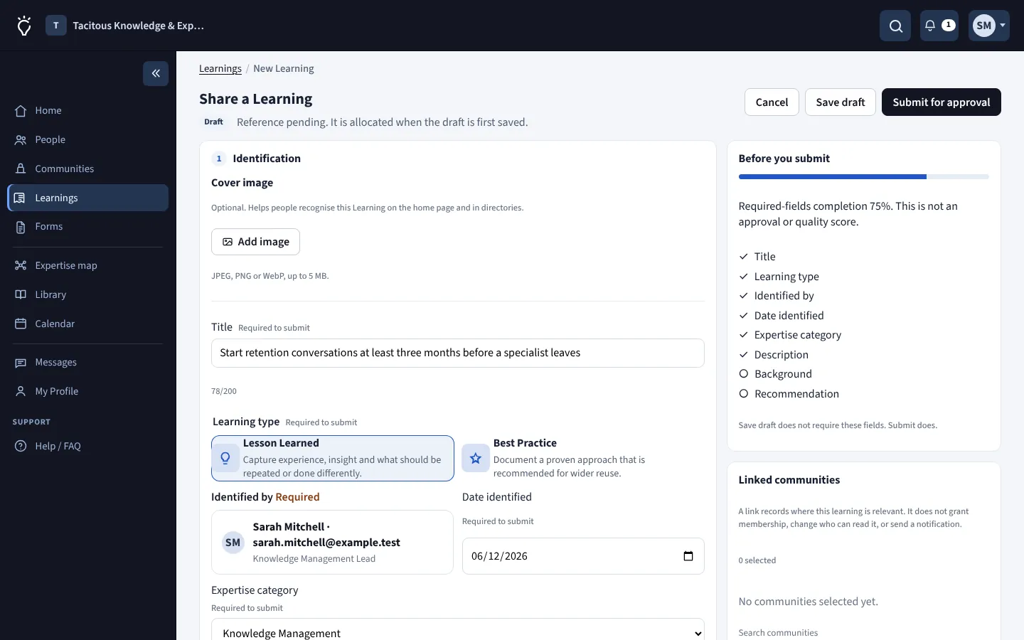 Share a Learning editor with Lesson Learned and Best Practice types and the Before you submit checklist