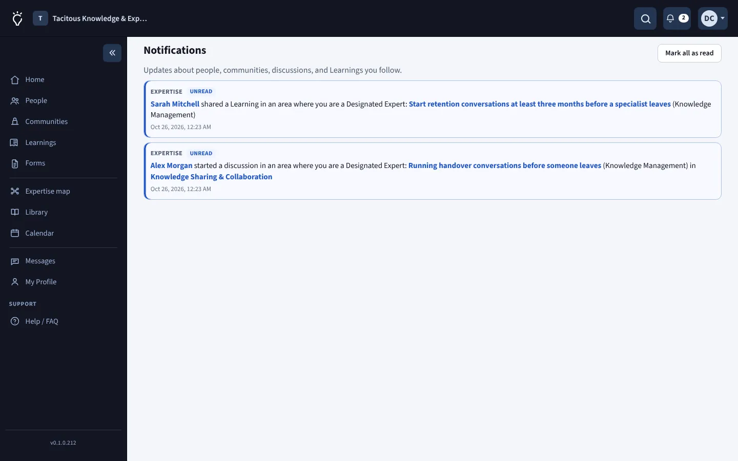 Notifications telling a Designated Expert about a new Learning and a new discussion in their area of expertise