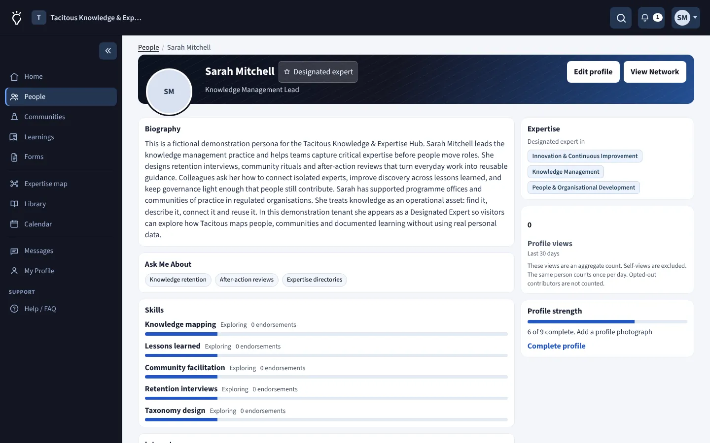 A person profile showing designated expertise, skills, Ask Me About topics and biography