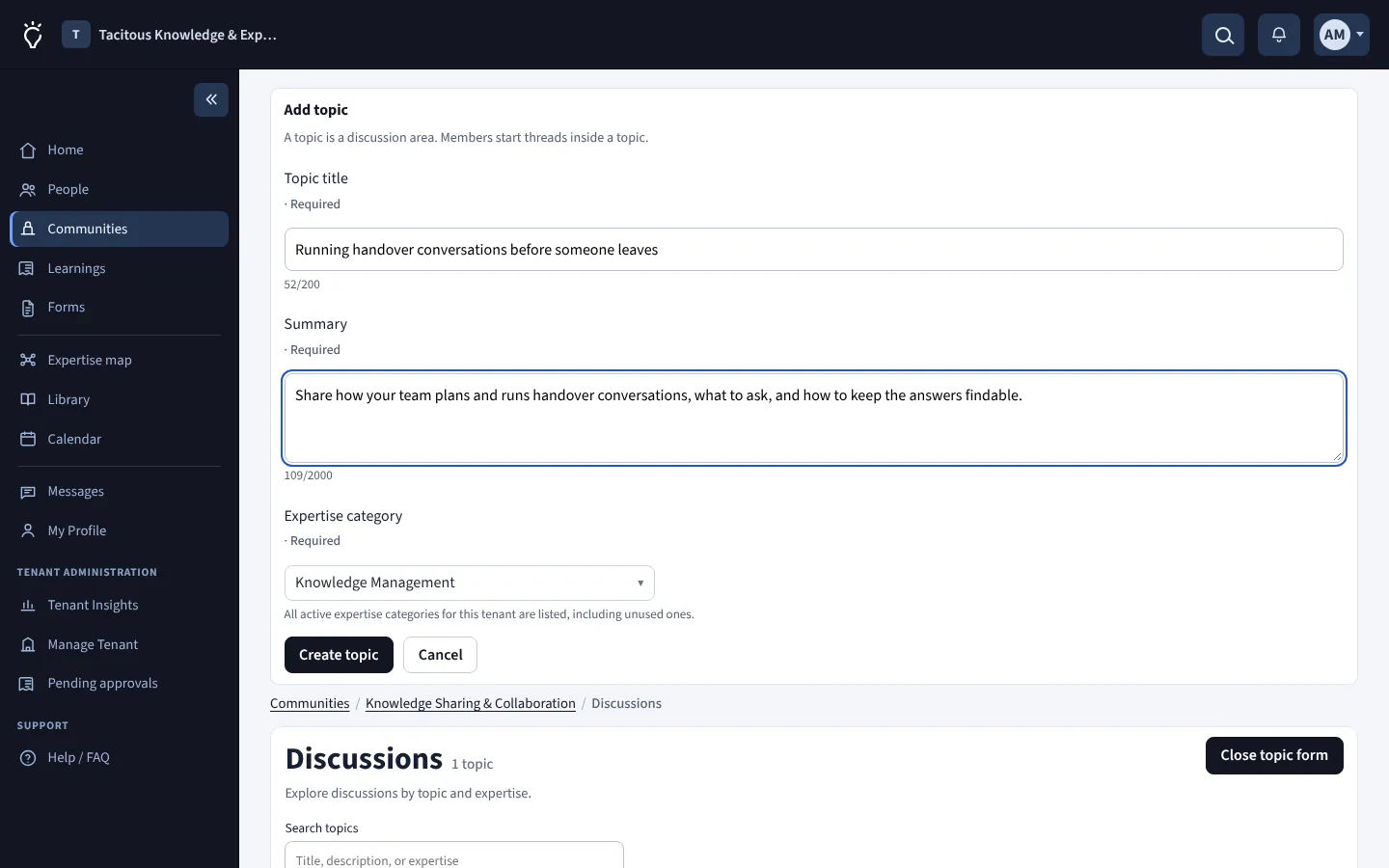 Add topic form with a title, summary and a required expertise category